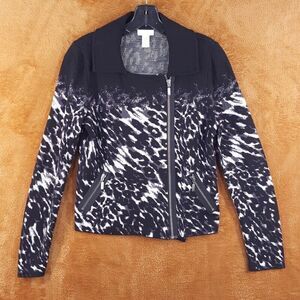 CHICOS Womens Sweater 0 Small Black Leopard Zip Up Moto Ombre Colorblock Knit